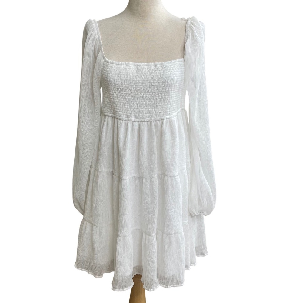Altar'd State White Smocked Tiered Mini Dress Long Sleeve Square Neck Small NEW‎